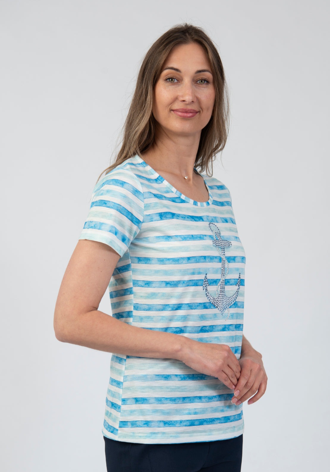 Tea Lane Nautical Stripe Anchor Gemstone T Shirt - Blue 3 Shaws Department Stores