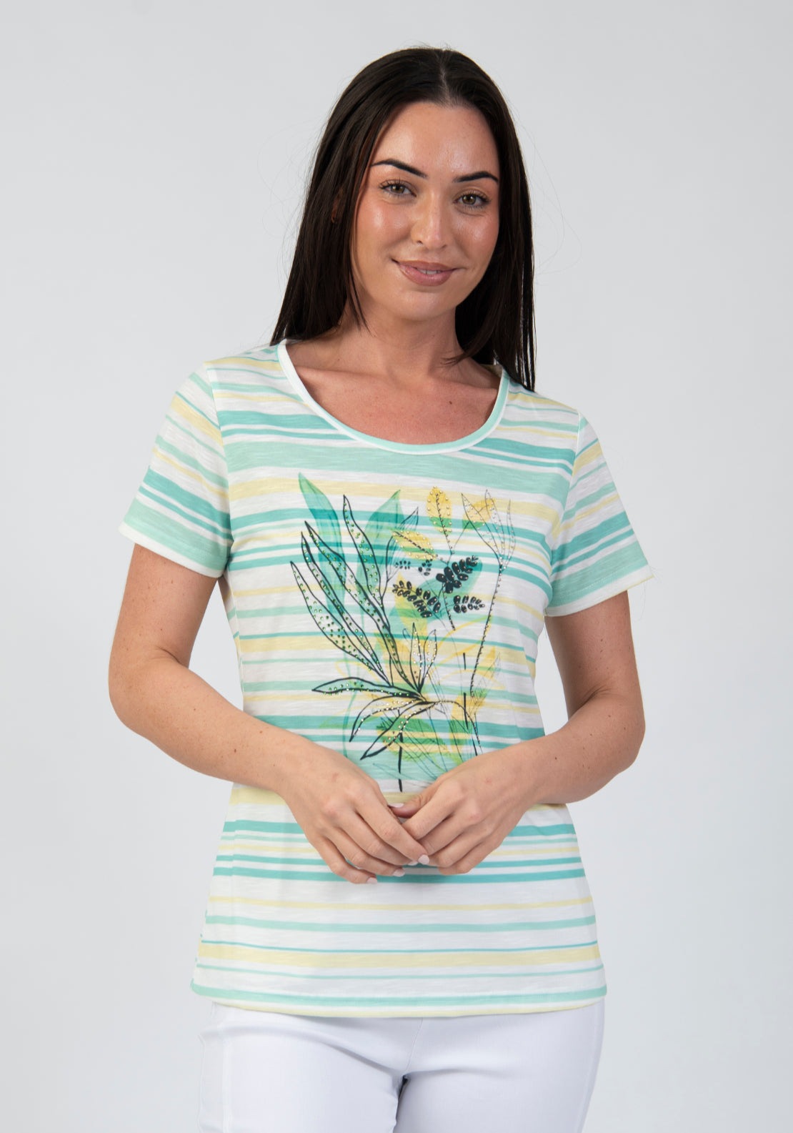 Tea Lane Stripe Leaf Printed T Shirt With Gemstones Detail - Green 1 Shaws Department Stores