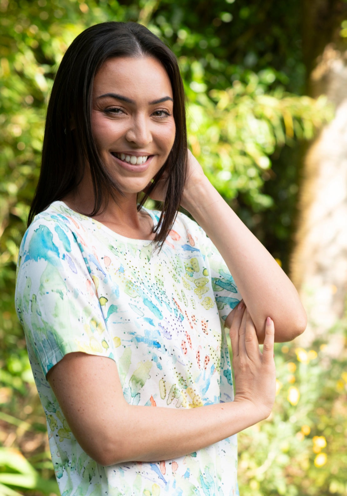 Tea Lane Botanical Print Gemstone Detail T Shirt - Green 3 Shaws Department Stores