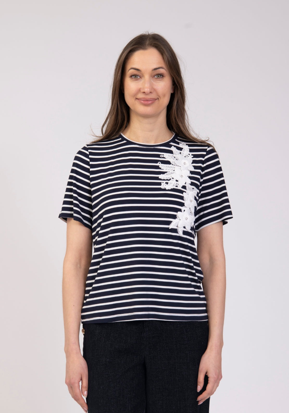 Tea Lane Stripe T Shirt With Floral Appliqué - Blue 1 Shaws Department Stores