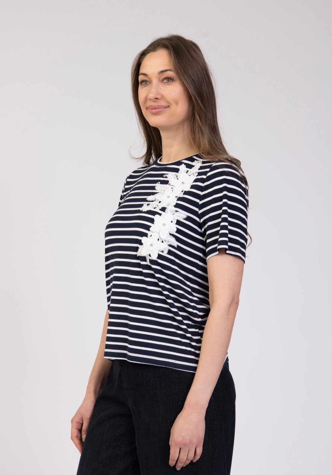 Tea Lane Stripe T Shirt With Floral Appliqué - Blue 2 Shaws Department Stores