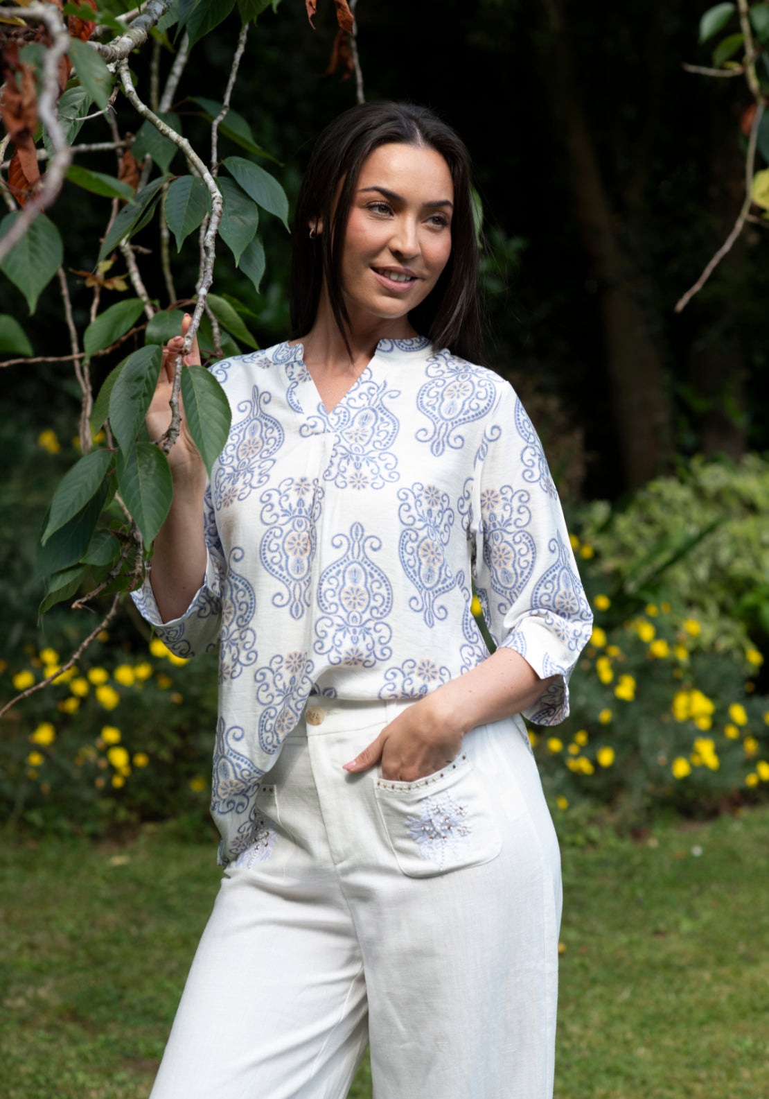 Tea Lane Paisley Print Notch Neck Blouse - Blue 3 Shaws Department Stores