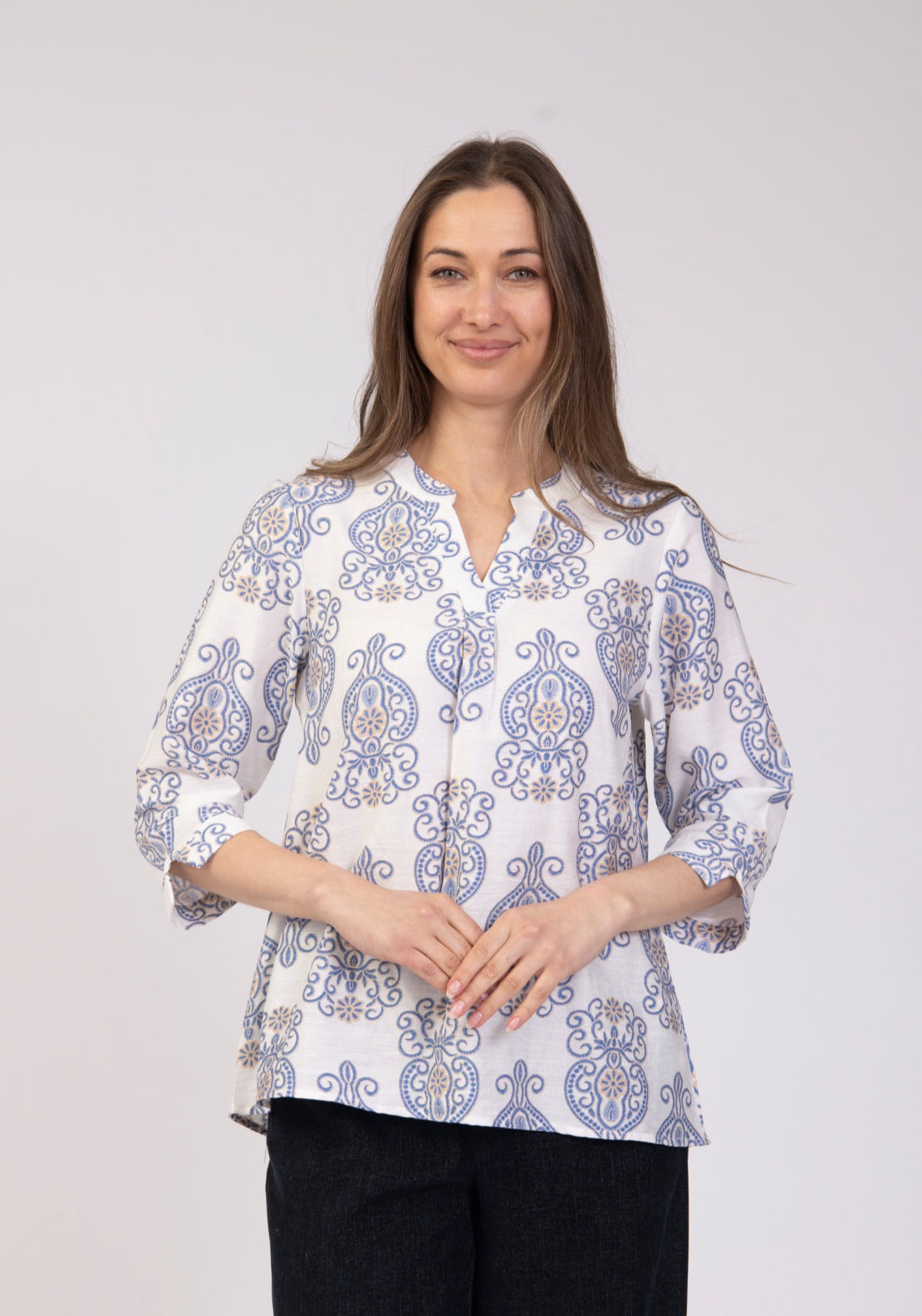 Tea Lane Paisley Print Notch Neck Blouse - Blue 1 Shaws Department Stores