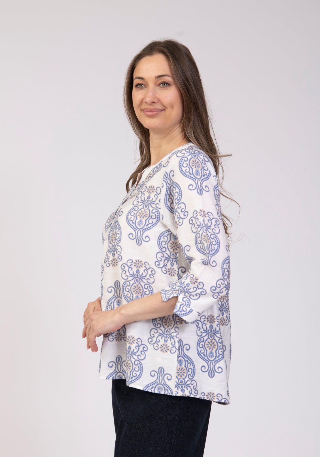 Tea Lane Paisley Print Notch Neck Blouse - Blue 2 Shaws Department Stores