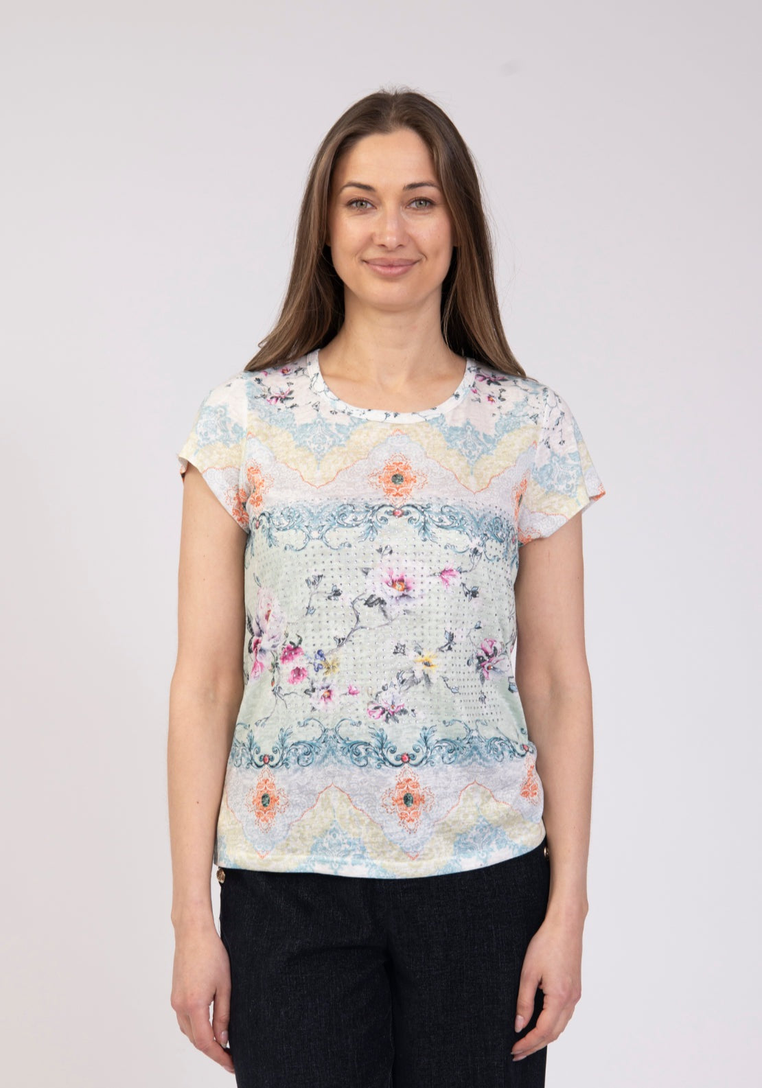 Tea Lane Floral Printed Gemstone With Side Drawstring Detail T Shirt - Green 1 Shaws Department Stores