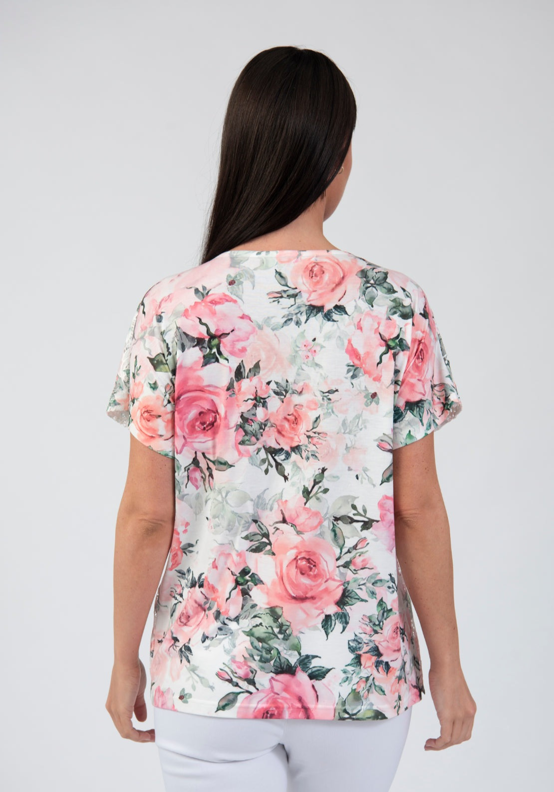 Tea Lane Floral Printed Lace Overlay T Shirt - Pink 2 Shaws Department Stores