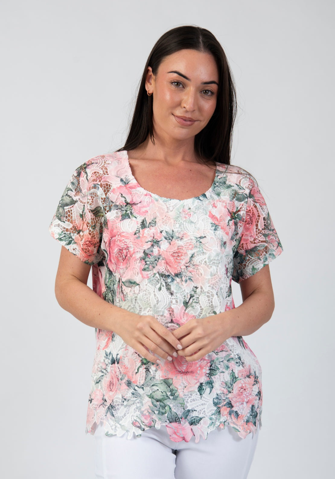 Tea Lane Floral Printed Lace Overlay T Shirt - Pink 1 Shaws Department Stores