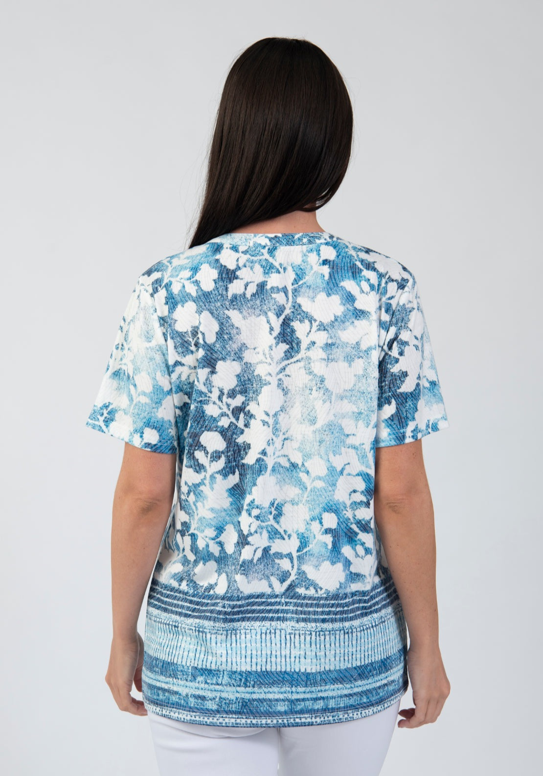 Tea Lane Stripe Border Printed Notch Neck T Shirt - Blue 2 Shaws Department Stores