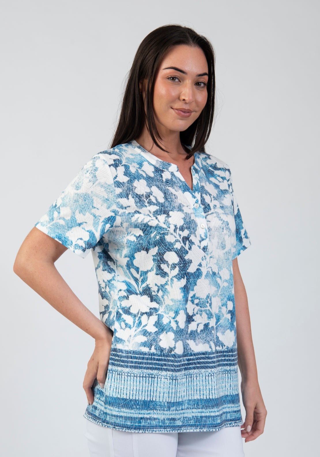 Tea Lane Stripe Border Printed Notch Neck T Shirt - Blue 3 Shaws Department Stores