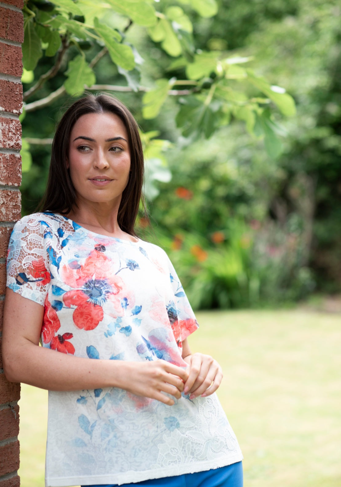 Tea Lane Floral Lace Overlay T Shirt - Blue 5 Shaws Department Stores