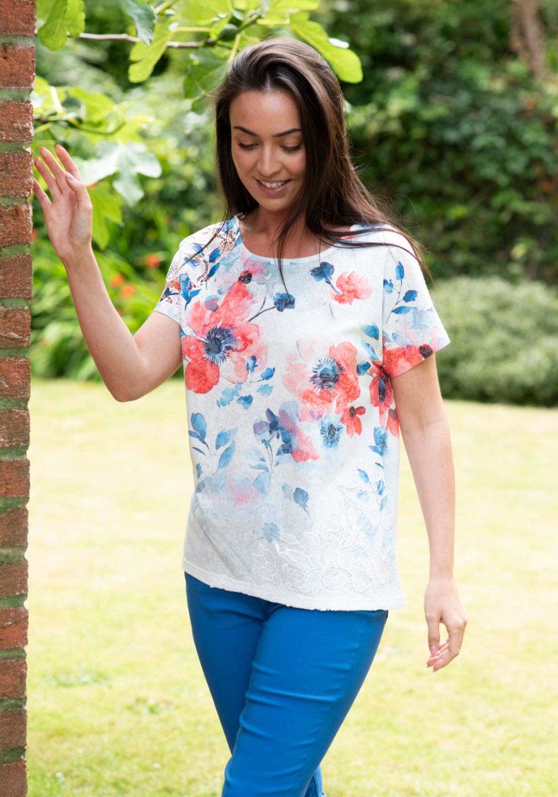 Tea Lane Floral Lace Overlay T Shirt - Blue 4 Shaws Department Stores