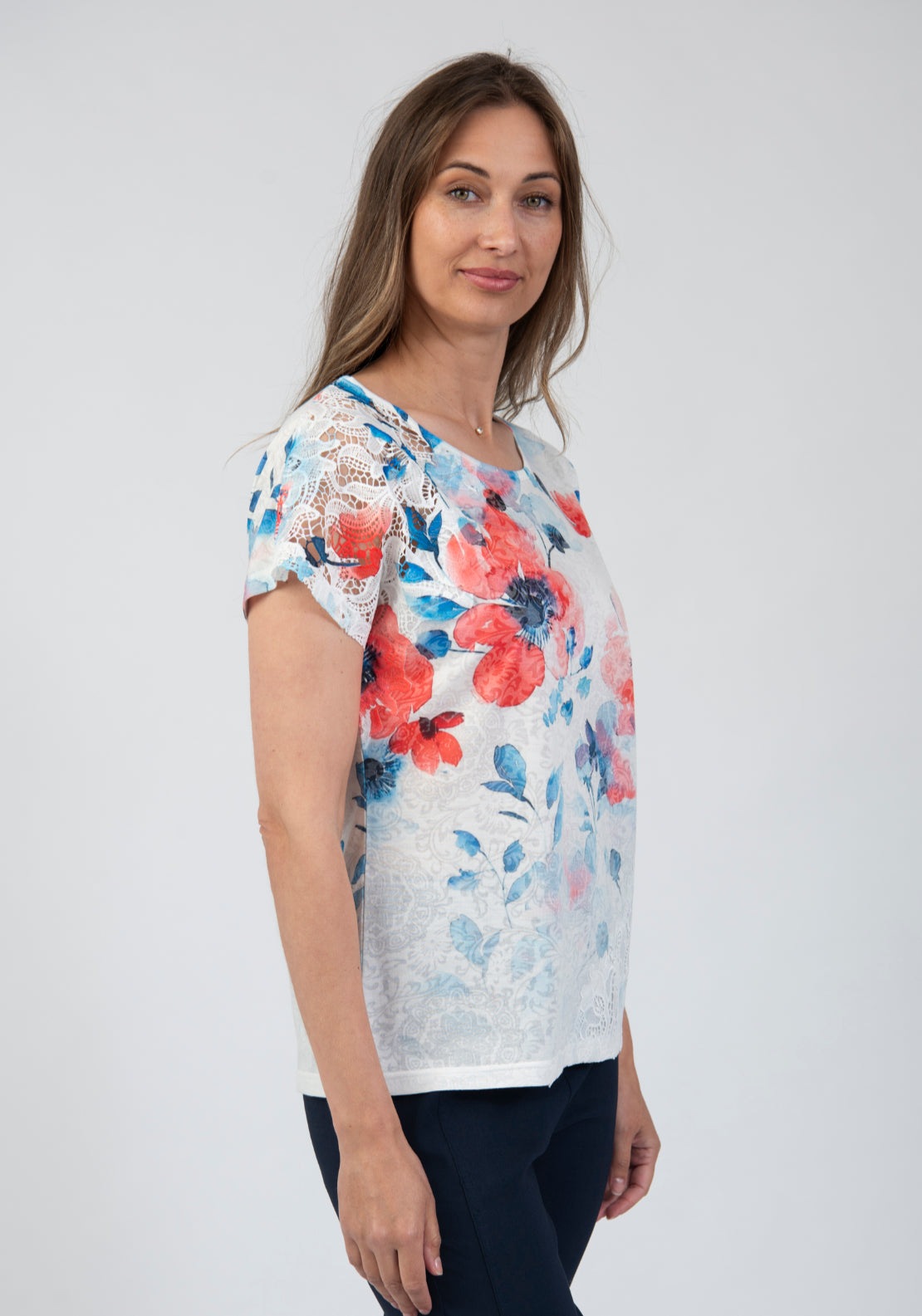 Tea Lane Floral Lace Overlay T Shirt - Blue 3 Shaws Department Stores