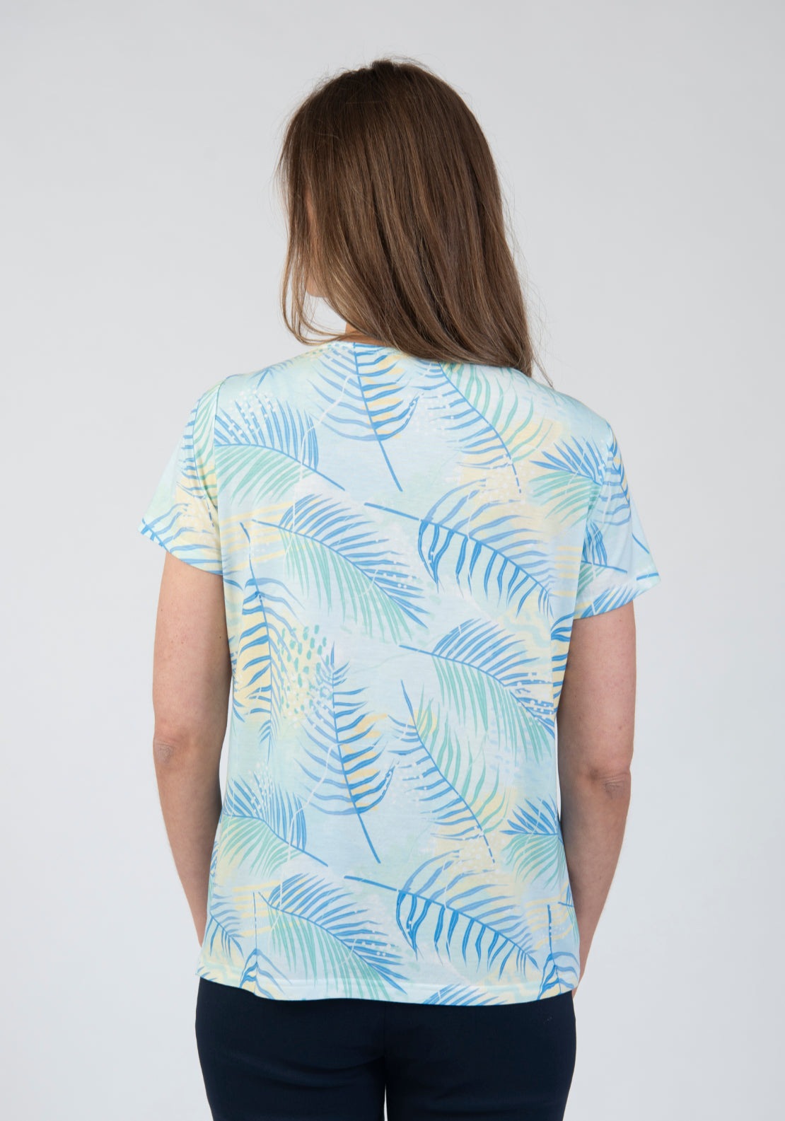 Tea Lane Leaf Printed Lace Neck Detail T Shirt - Green 2 Shaws Department Stores