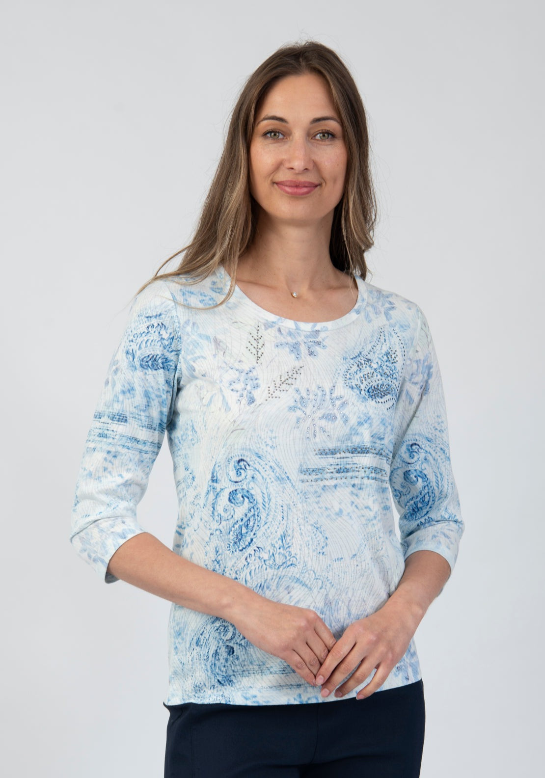 Tea Lane 3/4 Sleeve Gemstone Detail Soft Floral Top - Blue 1 Shaws Department Stores