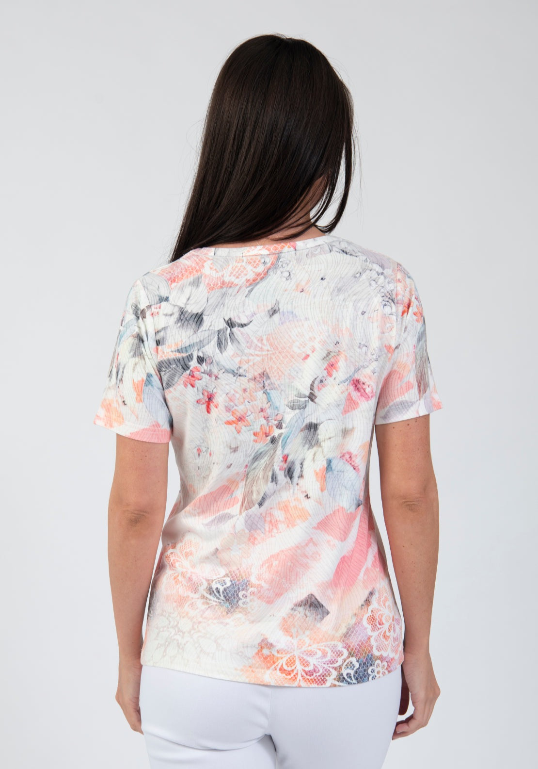 Tea Lane Abstract Floral Stone Detail T Shirt - Pink 2 Shaws Department Stores
