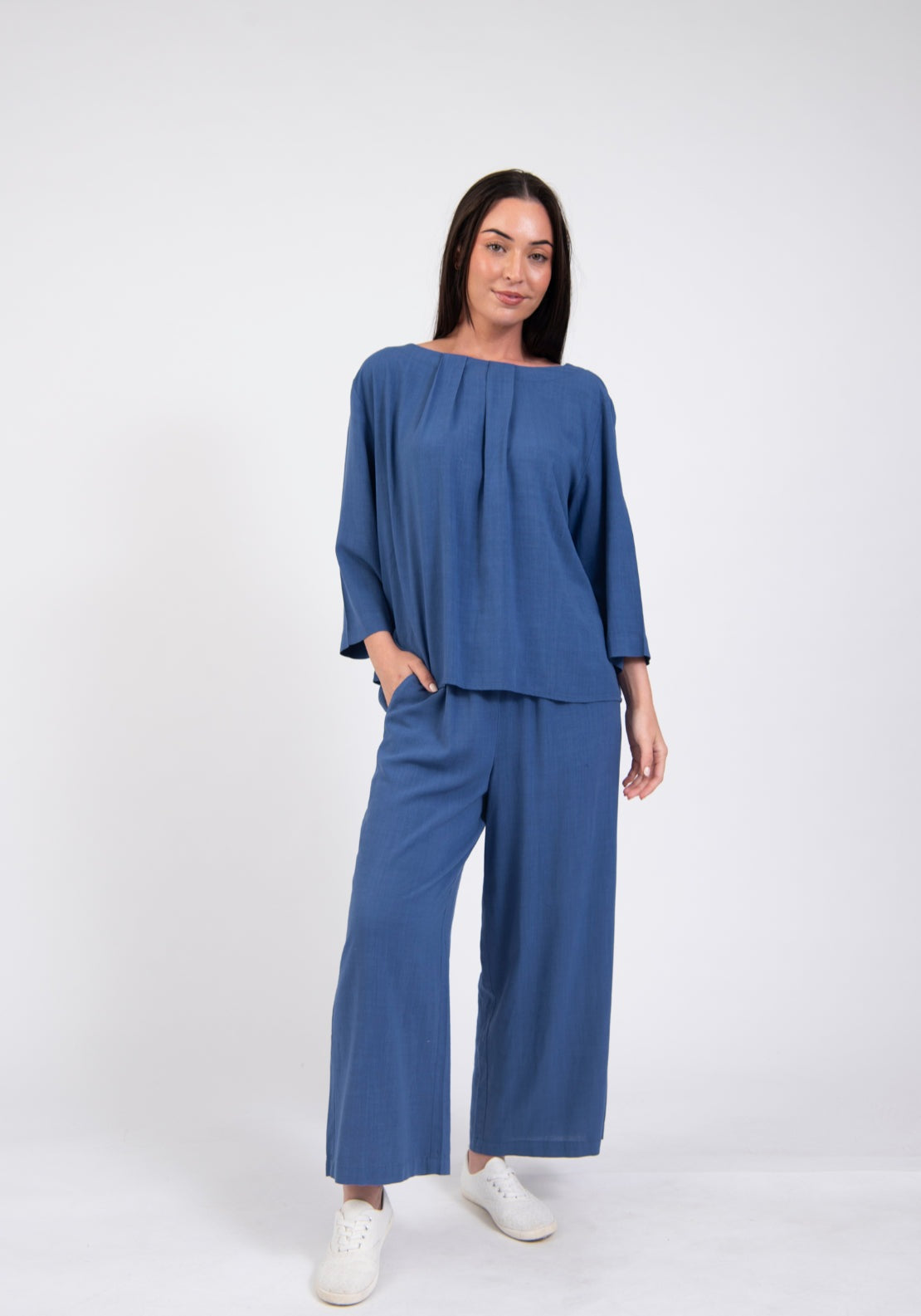 Tea Lane Cropped Wide Leg Drawstring Trousers - Blue 4 Shaws Department Stores