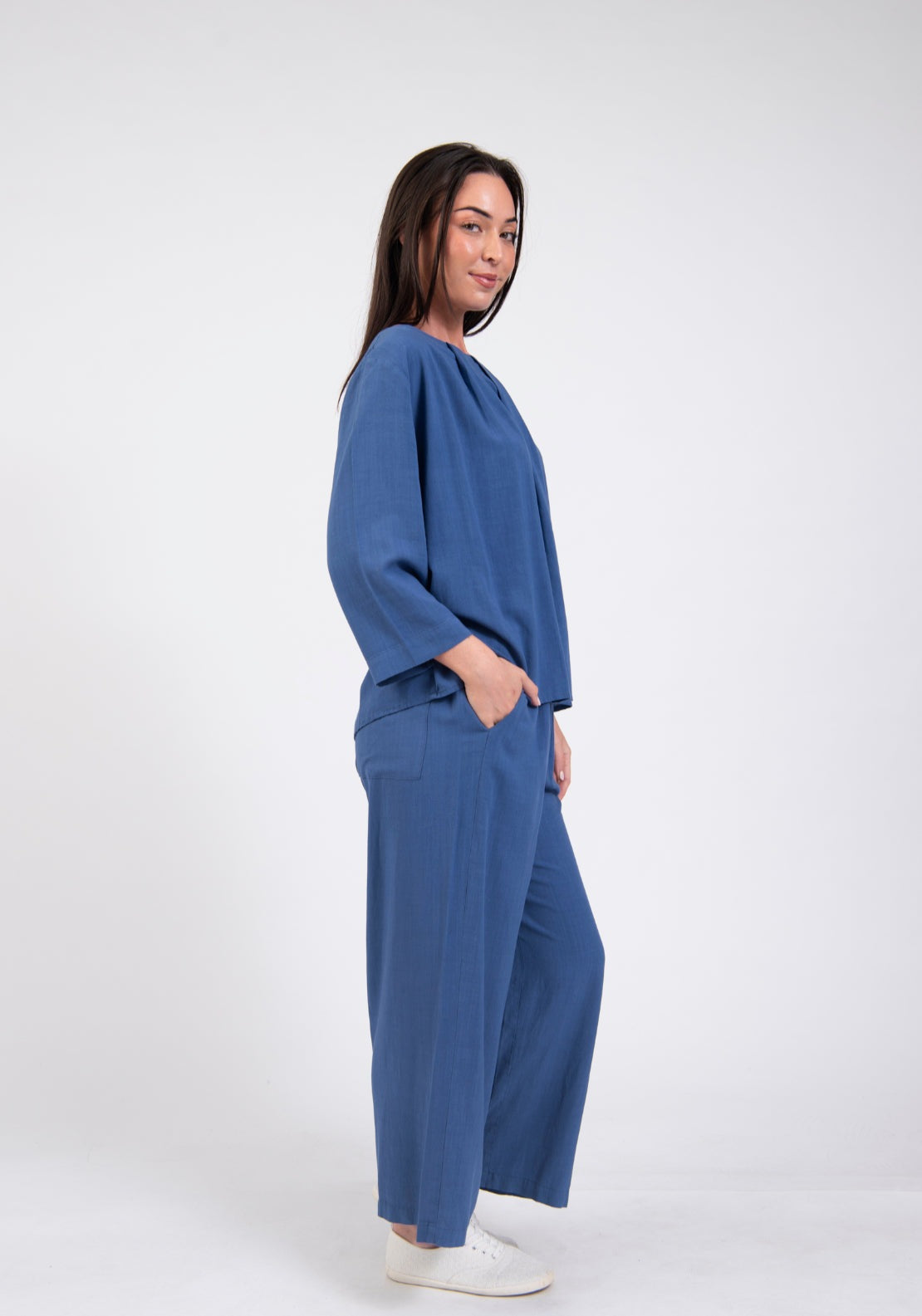 Tea Lane Cropped Wide Leg Drawstring Trousers - Blue 6 Shaws Department Stores