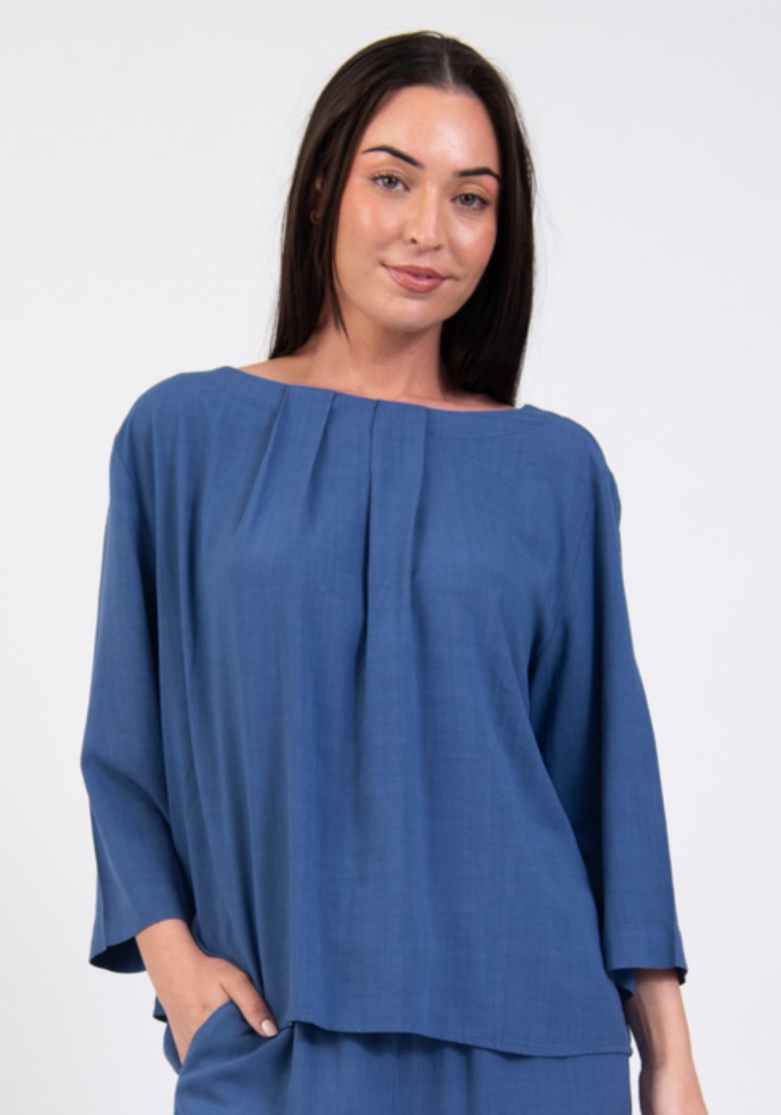 Tea Lane Pleat Neck Boat Neck Blouse - Blue 1 Shaws Department Stores