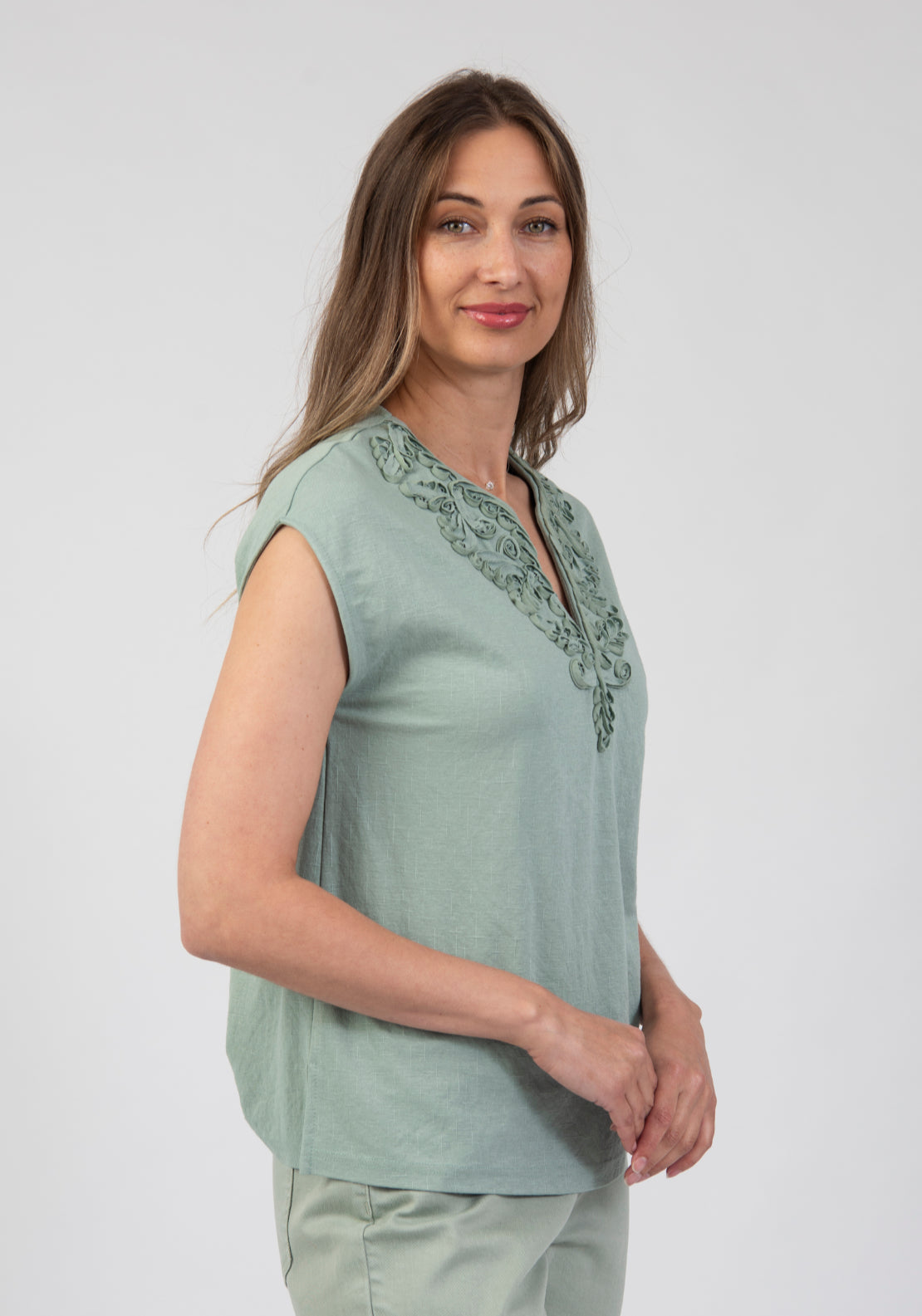 Tea Lane Sleeveless Linen like Cord Embroidered Top - Green 3 Shaws Department Stores