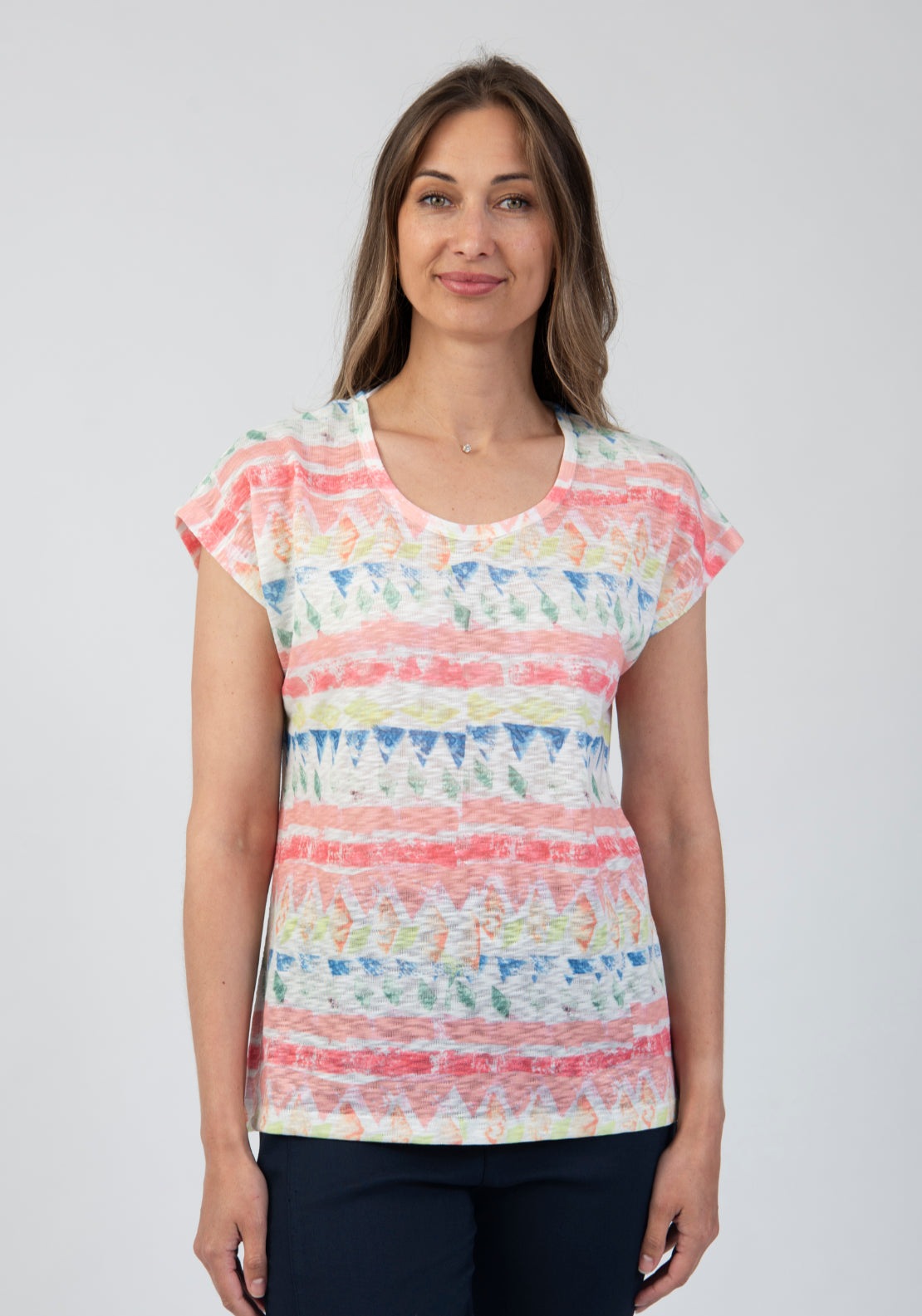Tea Lane Multicolour Abstract Stripe T Shirt - Pink 1 Shaws Department Stores