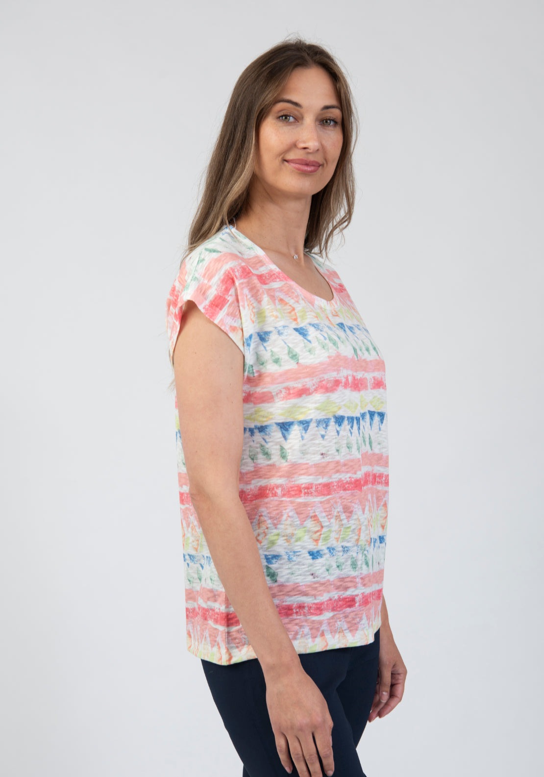 Tea Lane Multicolour Abstract Stripe T Shirt - Pink 3 Shaws Department Stores