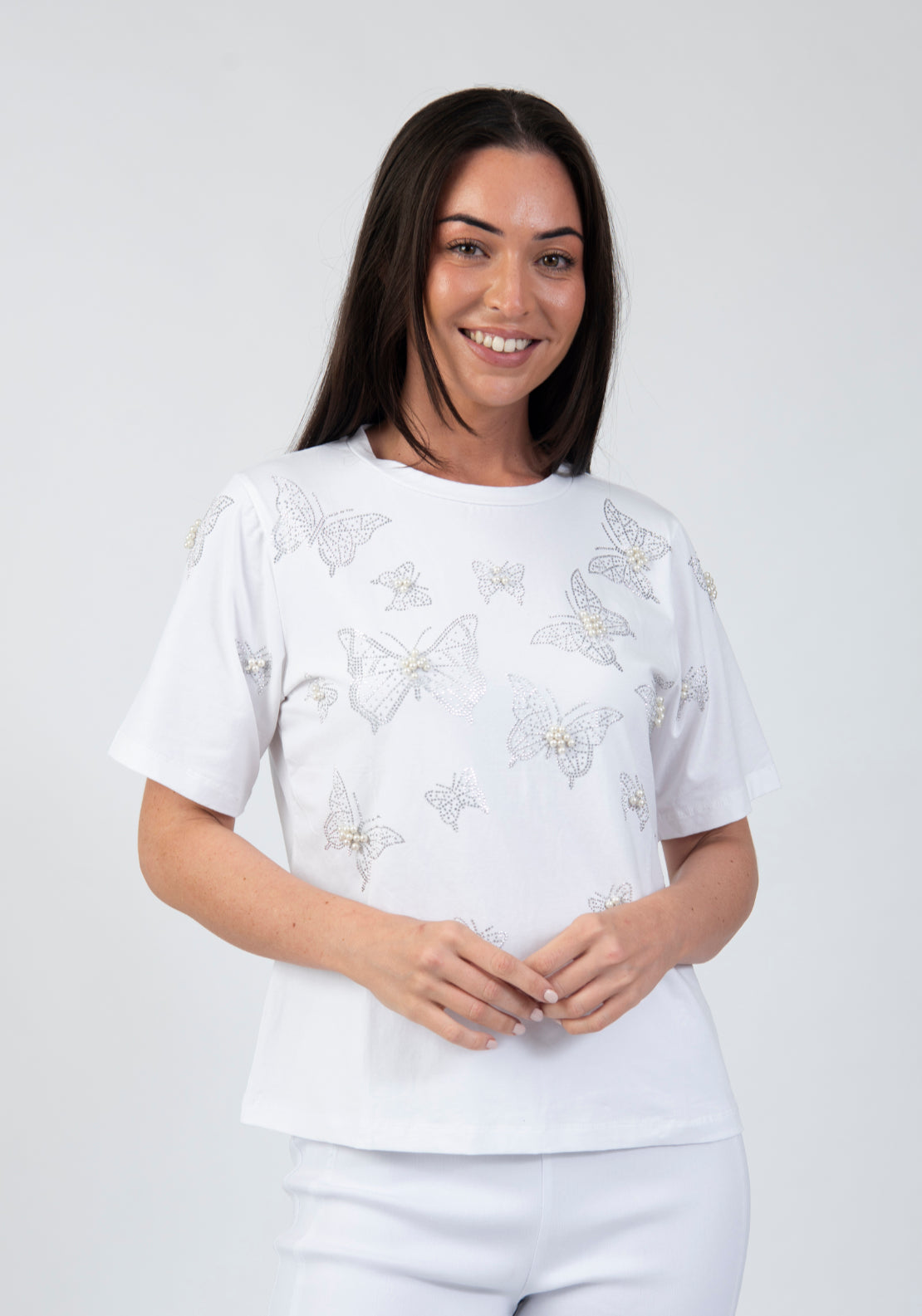 Tea Lane T Shirt With Butterfly Motif Gemstones - White 1 Shaws Department Stores