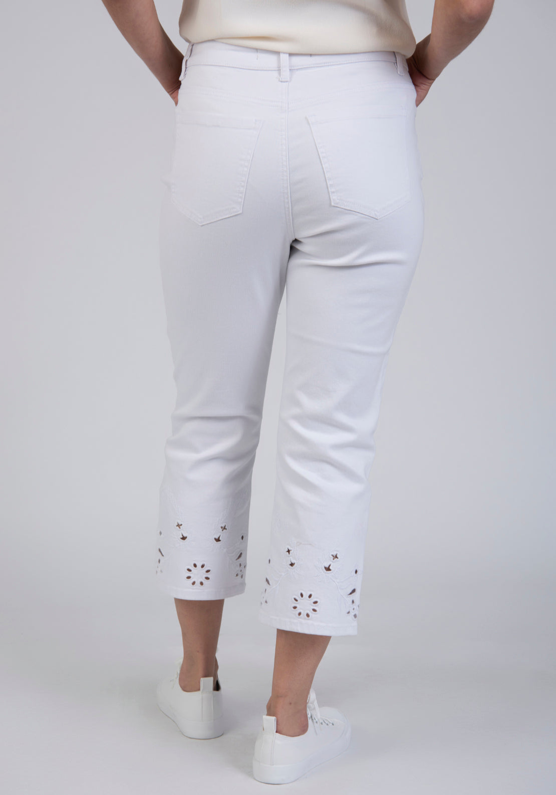 Tea Lane Straight Leg Cropped Jeans With Broderie Anglaise Hem - White 2 Shaws Department Stores