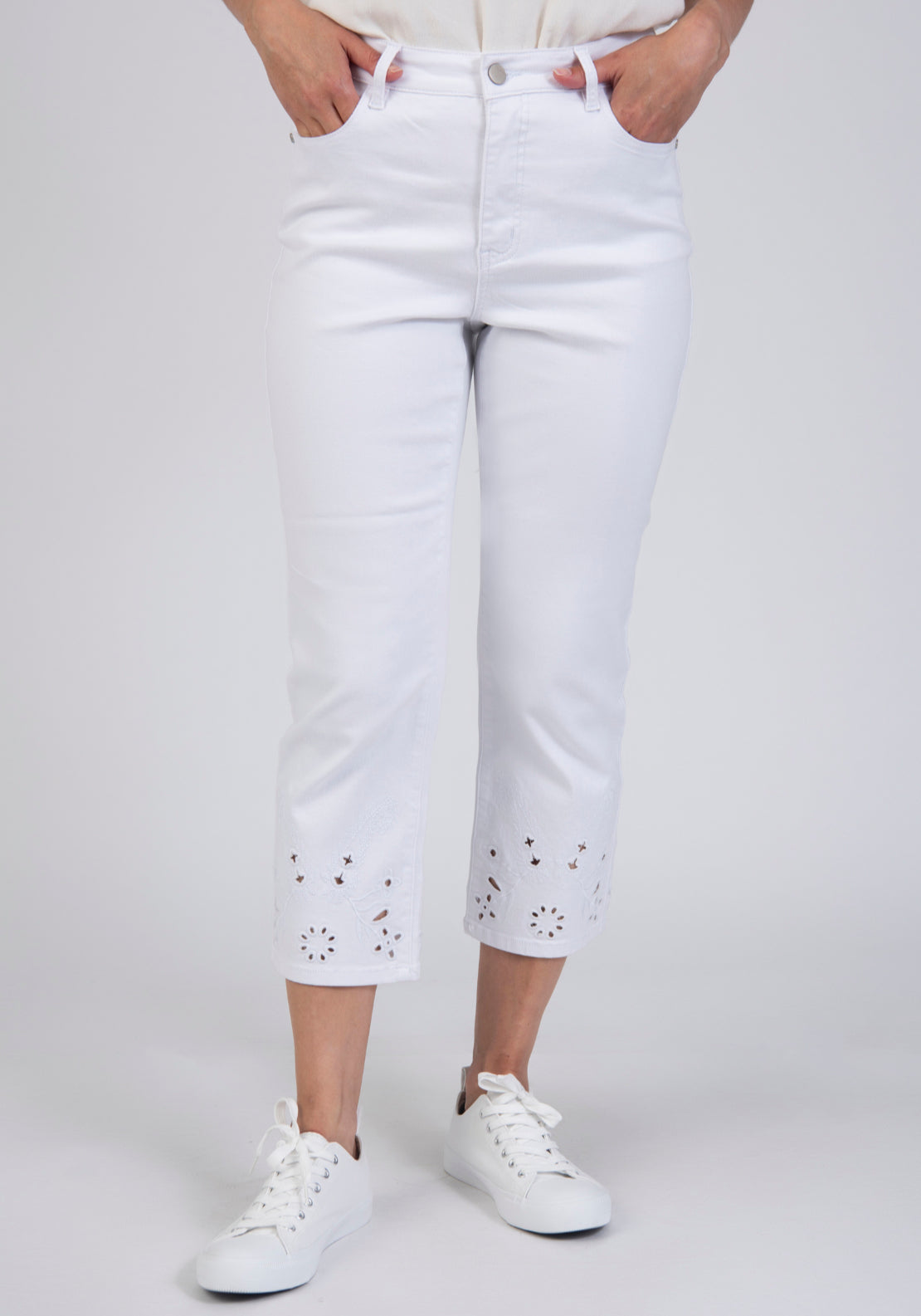 Tea Lane Straight Leg Cropped Jeans With Broderie Anglaise Hem - White 1 Shaws Department Stores