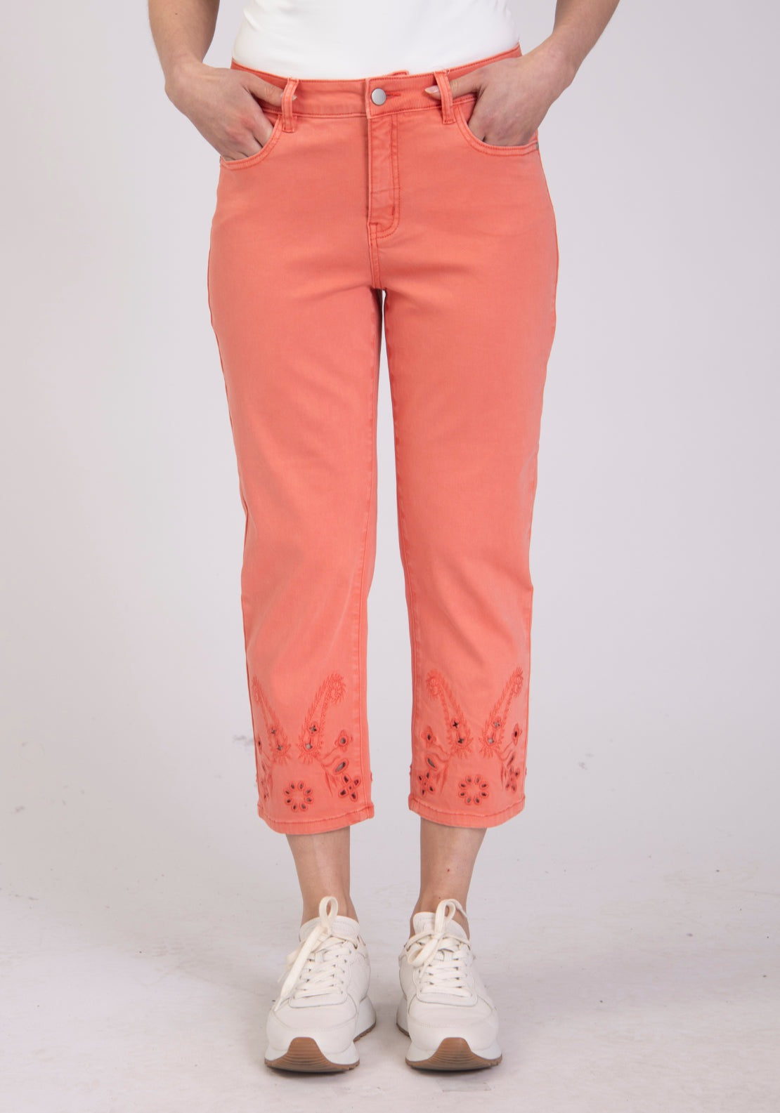 Tea Lane Straight Leg Cropped Jeans With Broderie Anglaise Hem - Red 1 Shaws Department Stores