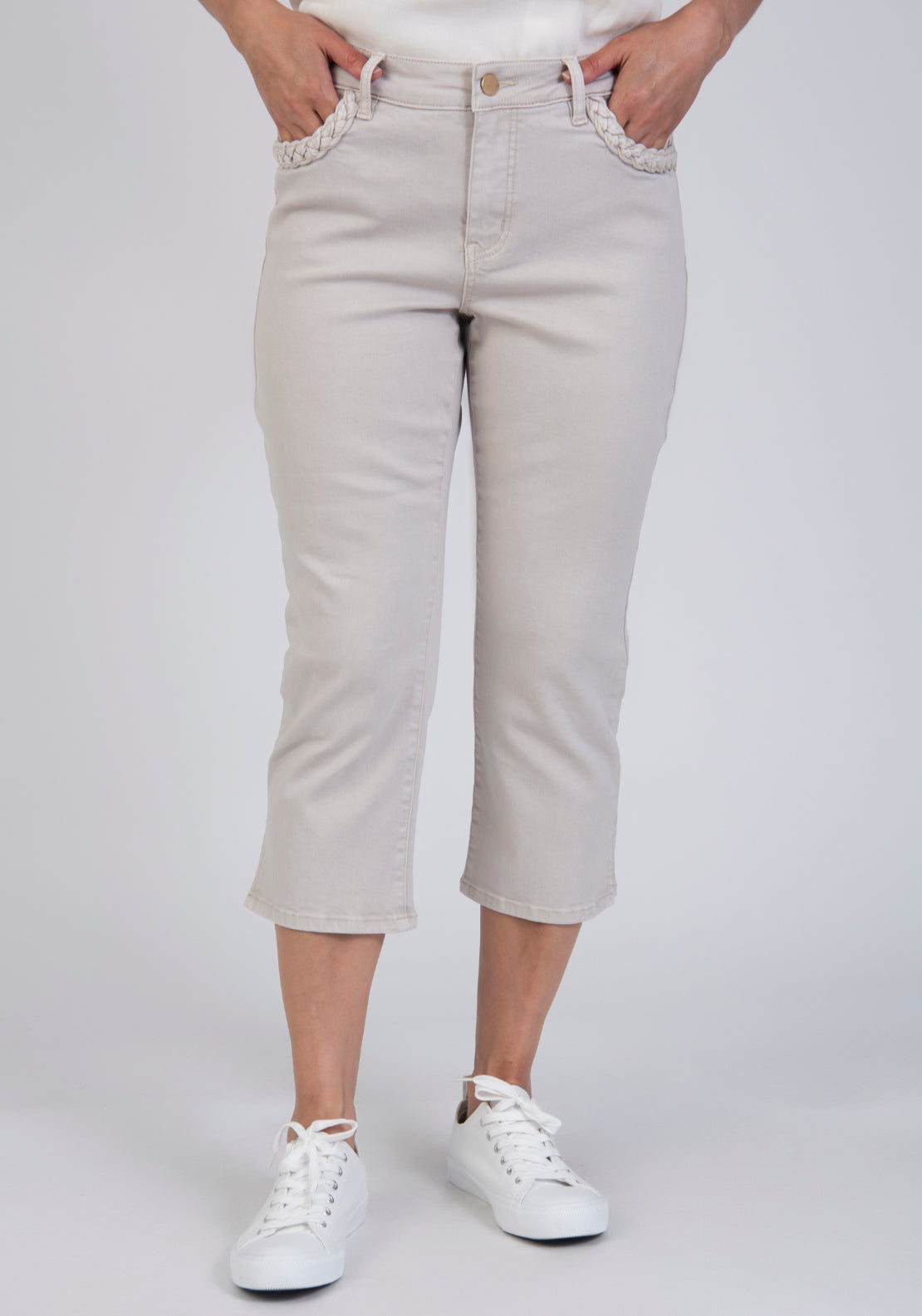 Tea Lane Cropped Jeans With Braided Pocket Trim - Grey 1 Shaws Department Stores
