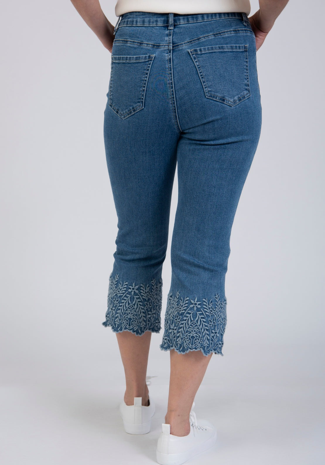 Tea Lane Cropped Denim Jeans With Embroidery Floral Hem - Blue 2 Shaws Department Stores