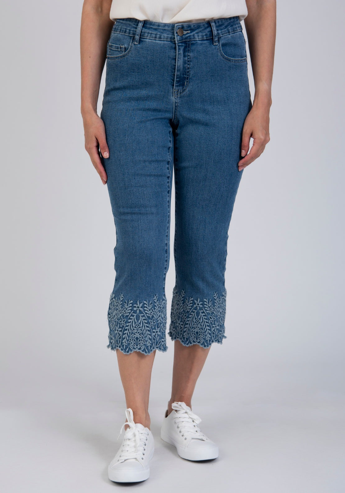 Tea Lane Cropped Denim Jeans With Embroidery Floral Hem - Blue 1 Shaws Department Stores