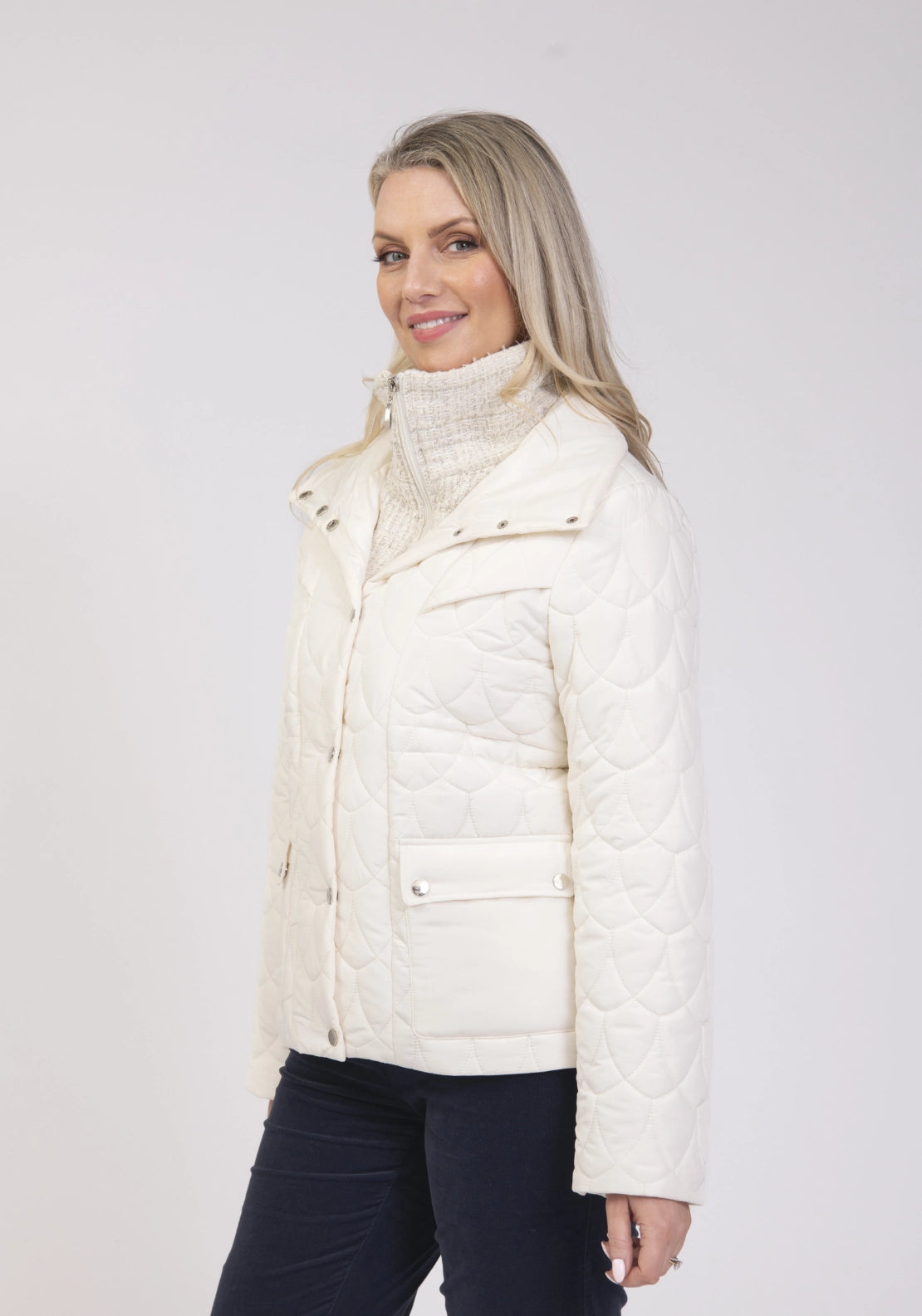 Tweed Insert Quilted Jacket - Ivory