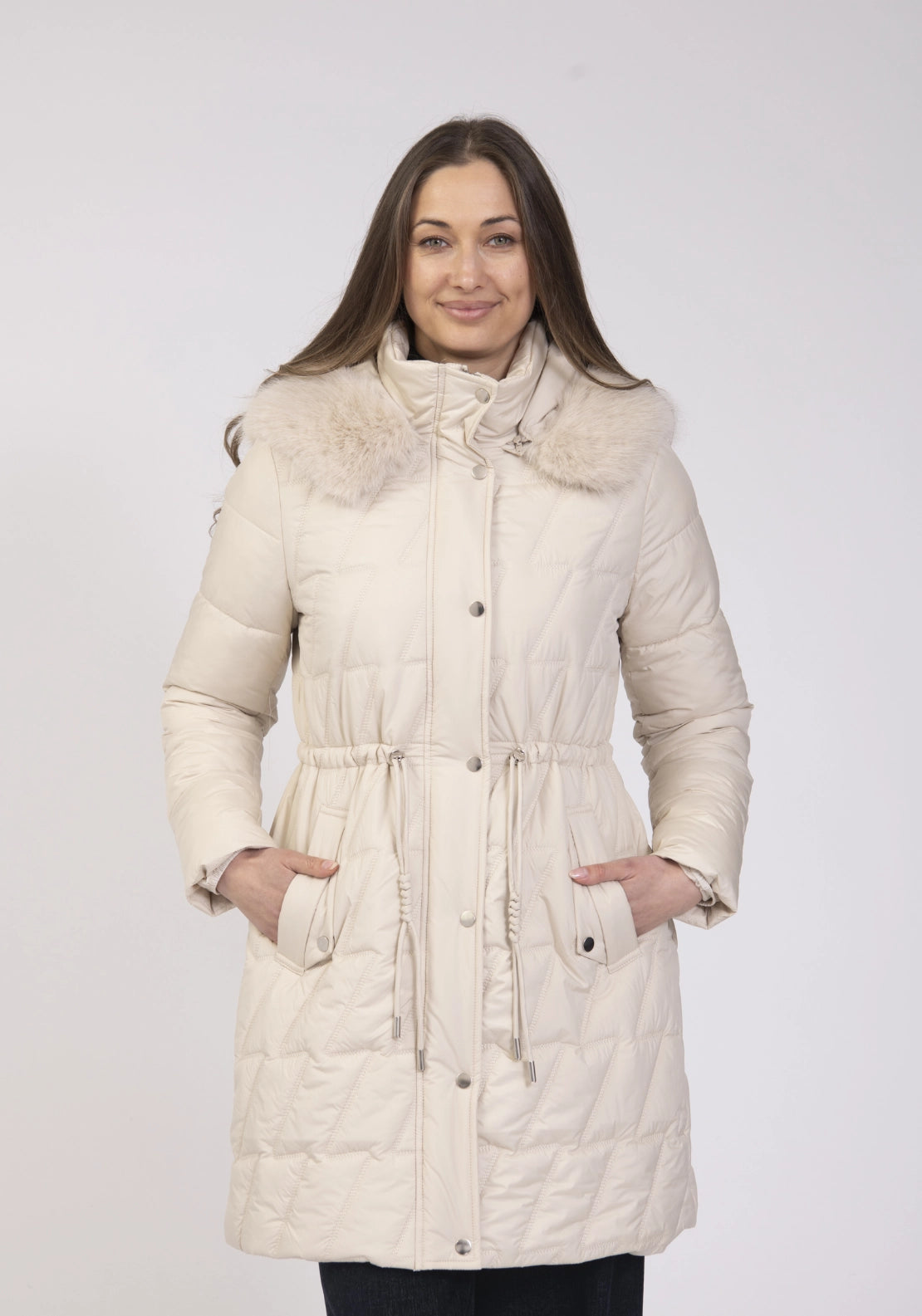 Hood Faux Fur Long Jacket - Cream