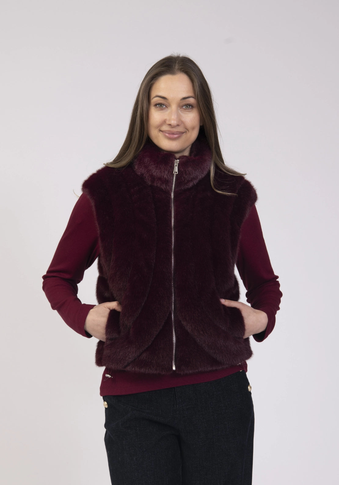 Faux Fur Zip Gilet - Burgundy