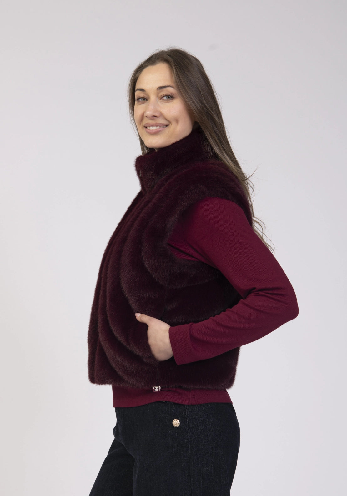 Faux Fur Zip Gilet - Burgundy