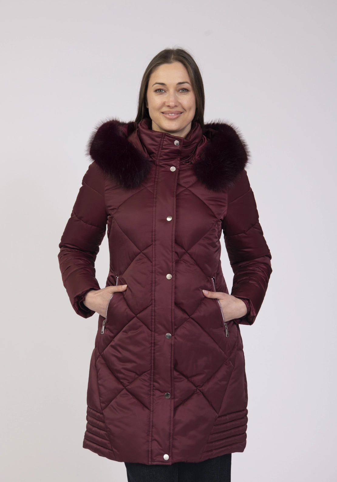 Hood Faux Fur Long Jacket - Merlot