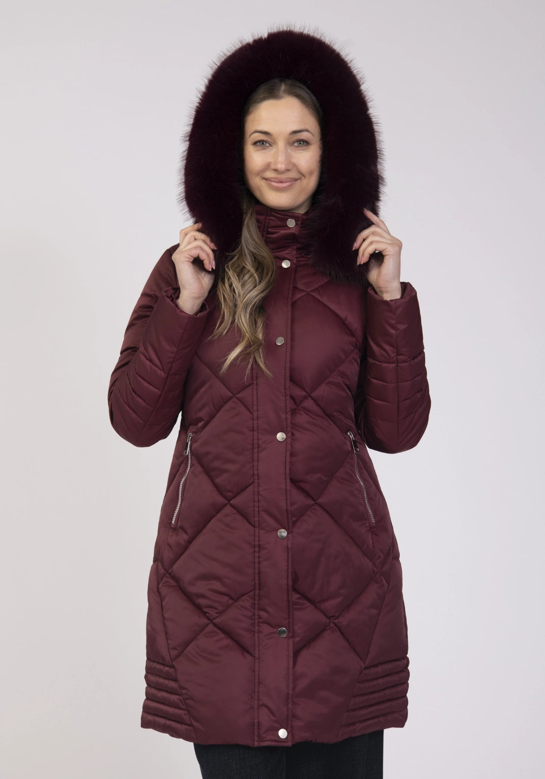 Hood Faux Fur Long Jacket - Merlot