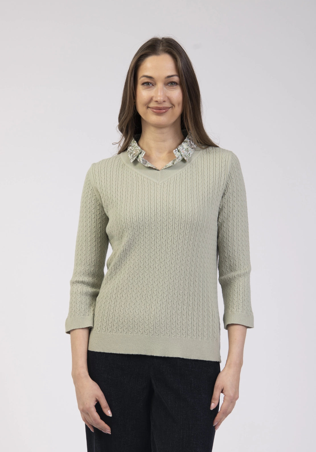 Cable Knit V-Neck Sweater - Sage