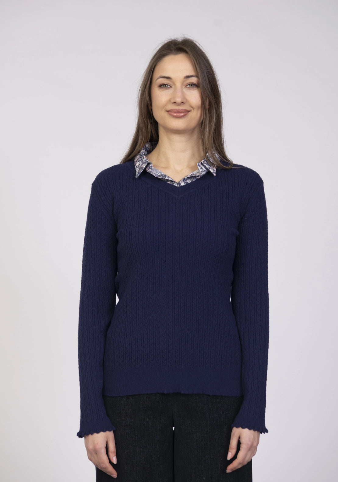 Cable Knit Collar Sweater - Navy