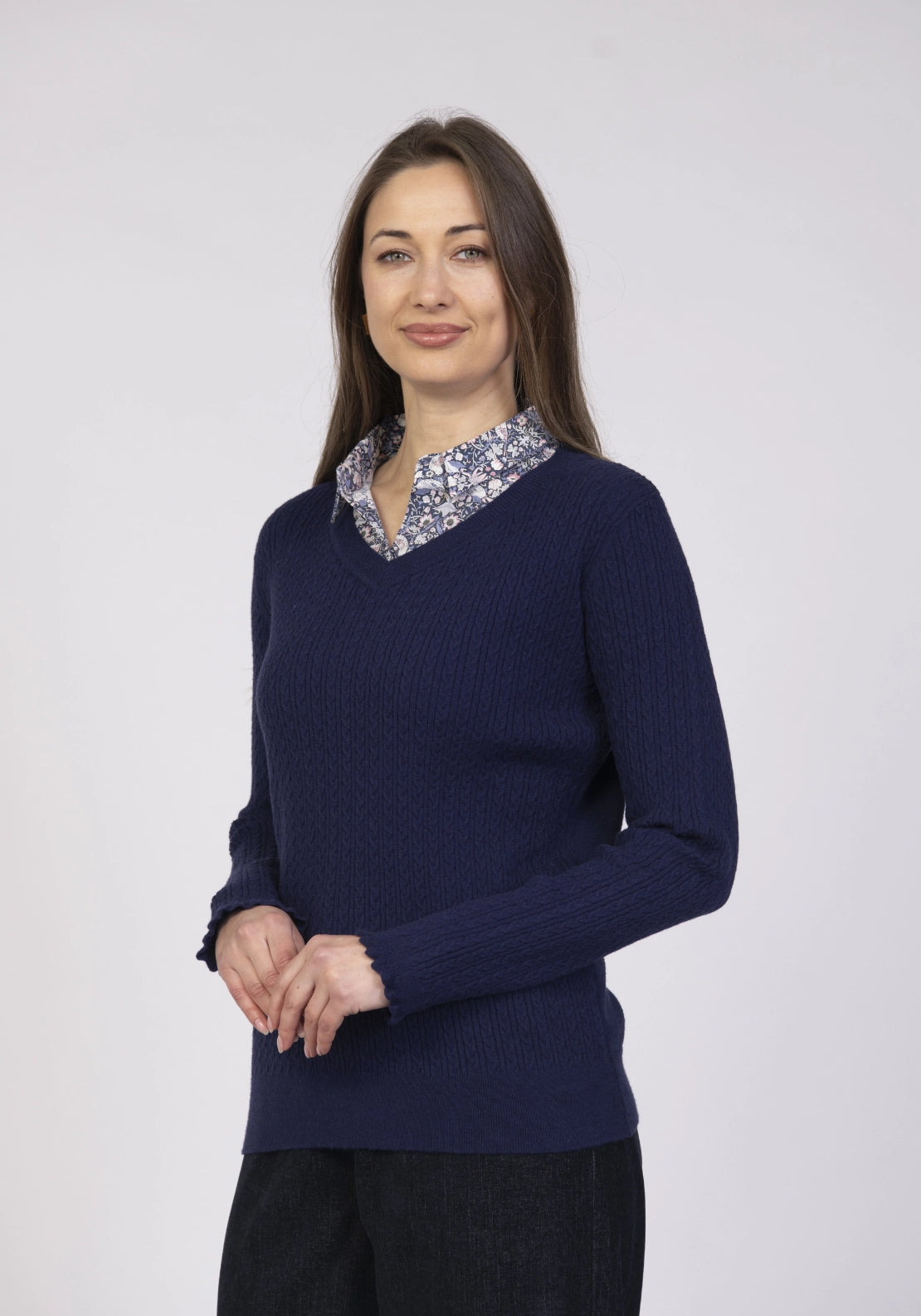 Cable Knit Collar Sweater - Navy