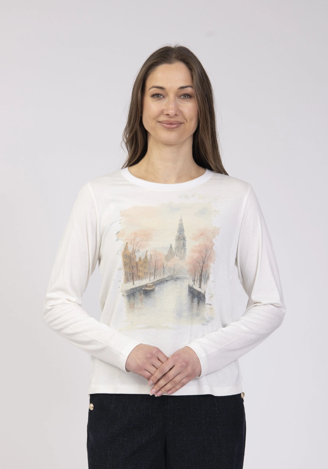 Placement Print Long Sleeve T-Shirt - Cream