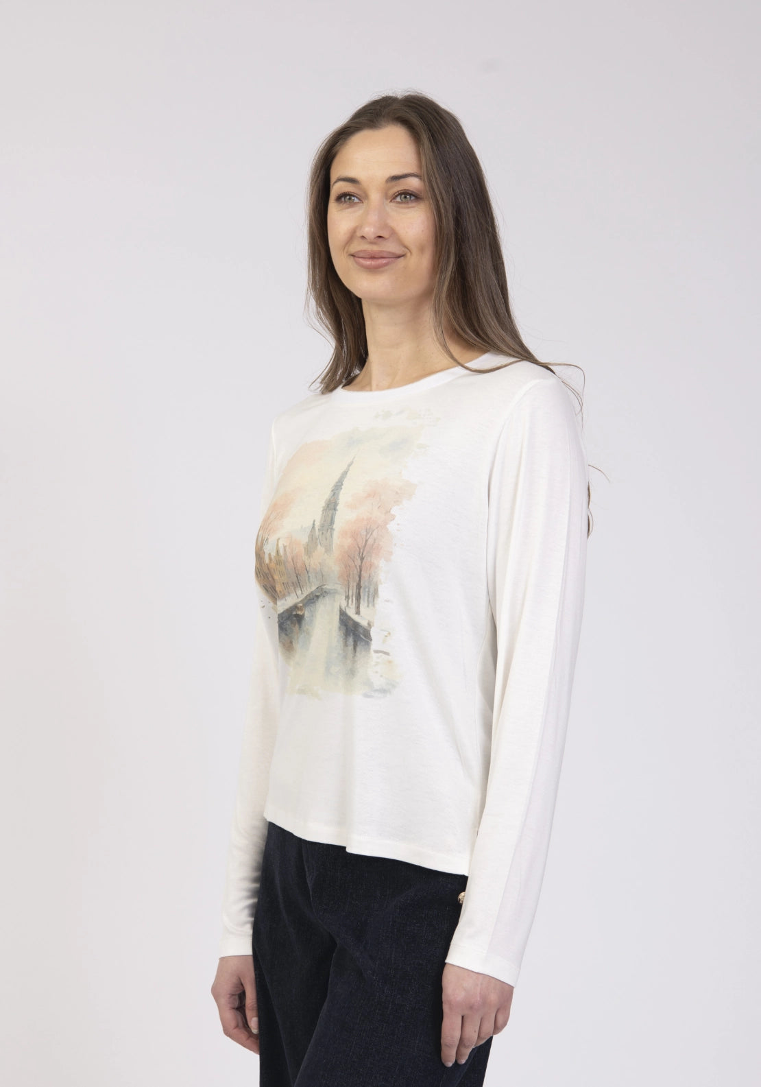 Placement Print Long Sleeve T-Shirt - Cream