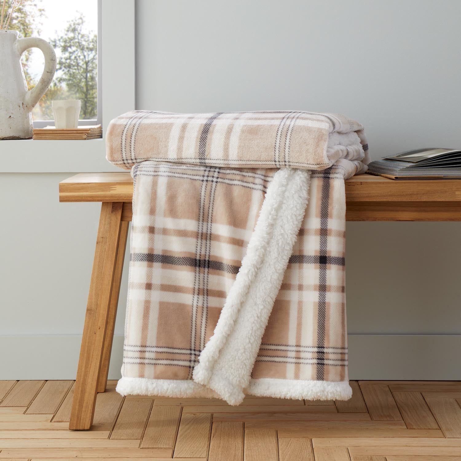 The Home Collection Soft and Cosy Check Throw - Natural 1 Shaws Department Stores