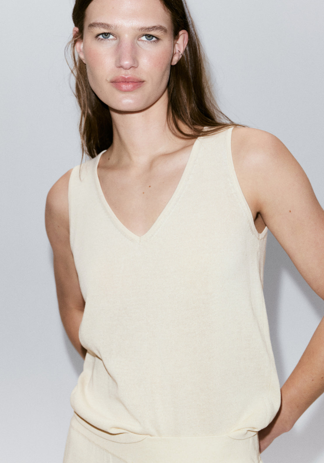 V-Neck Knit Top - Beige