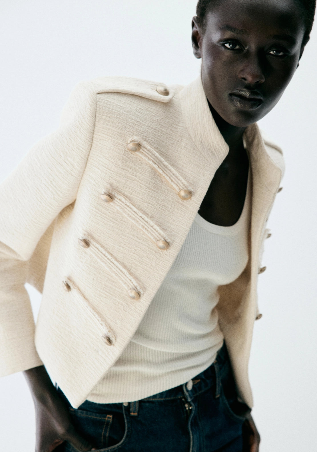 Tweed Jacket With Decorative Toggles - Cream