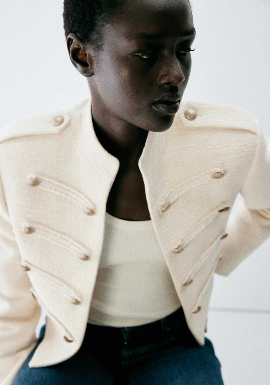 Tweed Jacket With Decorative Toggles - Cream
