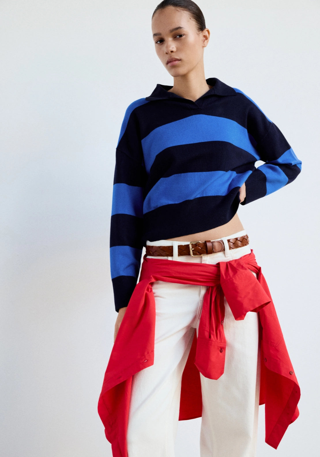 Striped Sporty Polo Neck Sweater - Blue