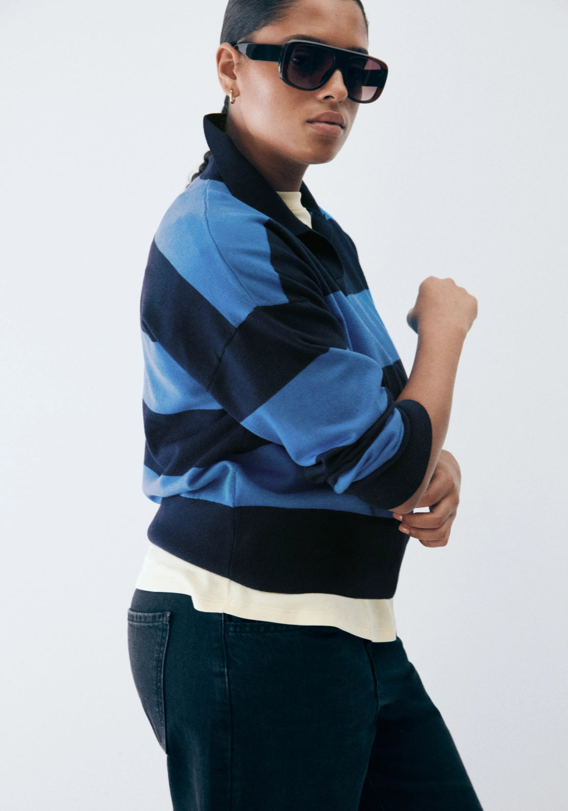 Striped Sporty Polo Neck Sweater - Blue