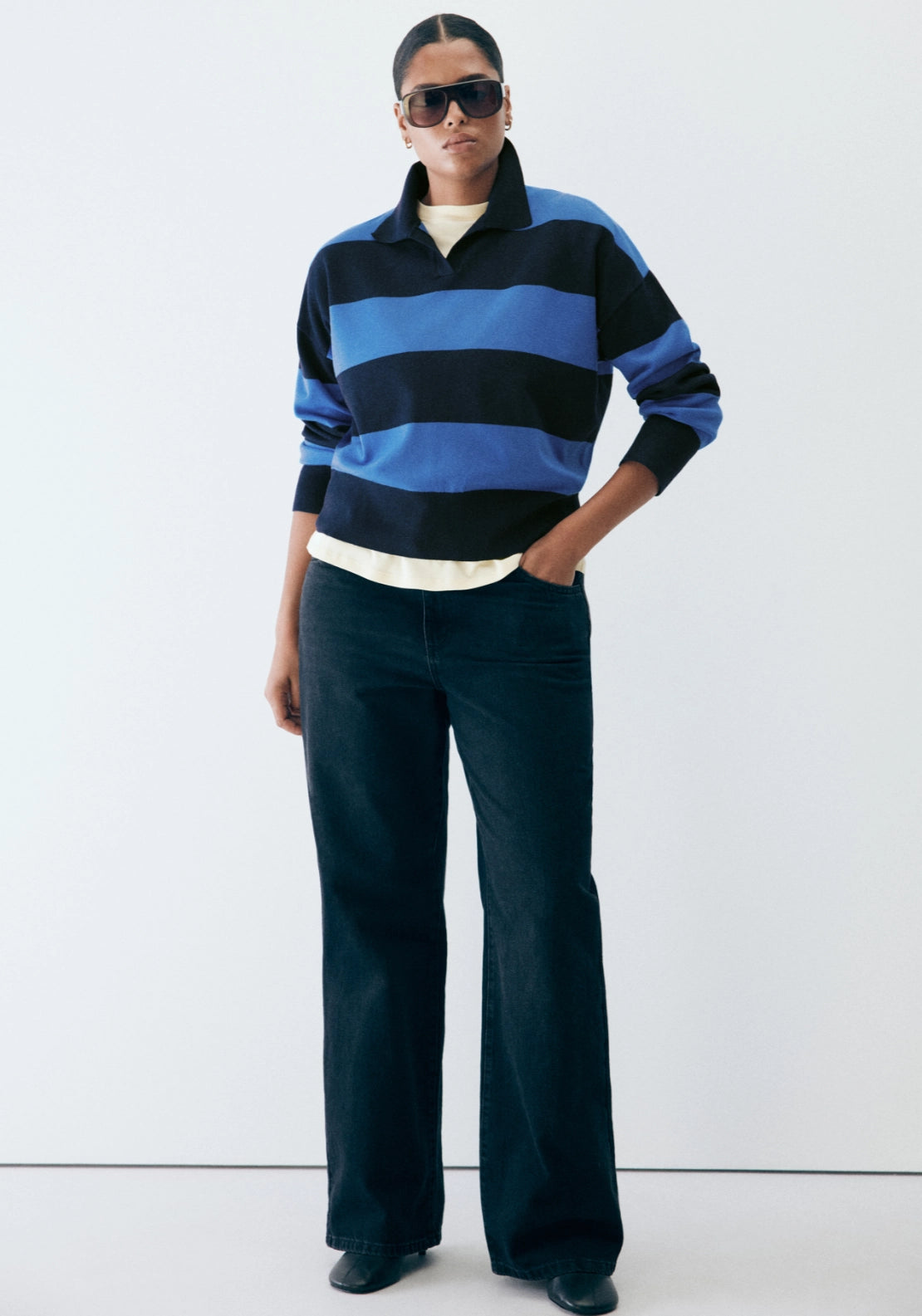 Striped Sporty Polo Neck Sweater - Blue